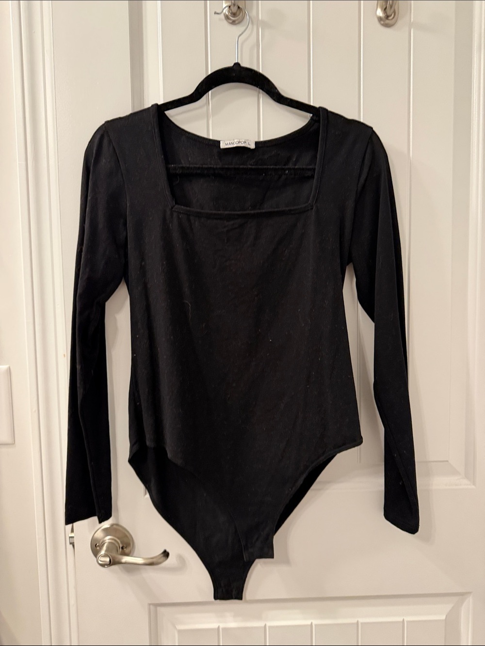 Large Women's Black Long-Sleeve Square Neck Bodysuit